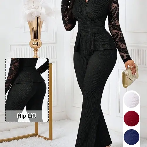 All-Season Curvy Women's 2 Piece Pants Set, Lace Sleeve V Neck Ruched Waist Peplum Top & High Waist Hip Lift Flare Pants, Elegant Matching Outfit for Office, Commute, Night Club and Cocktail Party