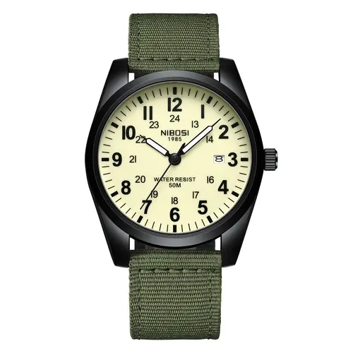 NIBOSI Unisex Military Analog Quartz Watch - Analog Quartz Movement, Frosted Military Round Face Dial, Nylon Strap, Luminescent Hands, 3ATM Water Res., Date Display, Outdoor Wear Tactical Casual Style