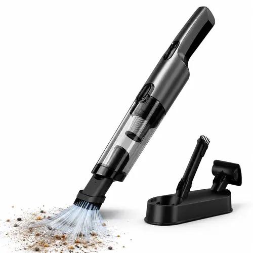 Vaiseke Rechargeable Cordless Handheld Stick Vacuum - Lightweight Home Cleaning Tool for Car/Home Users, with LED Light, 2 Attachments, Storage Base for Sofas, Carpets, Hard-to-Reach Areas, Black