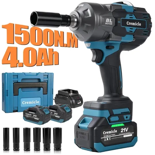 1500N.m Cordless Impact Wrench, All-Metal Cordless Impact Gun with 2 * 4.0Ah Batteries, Electric Impact Wrench with 6 Sockets Power Tools