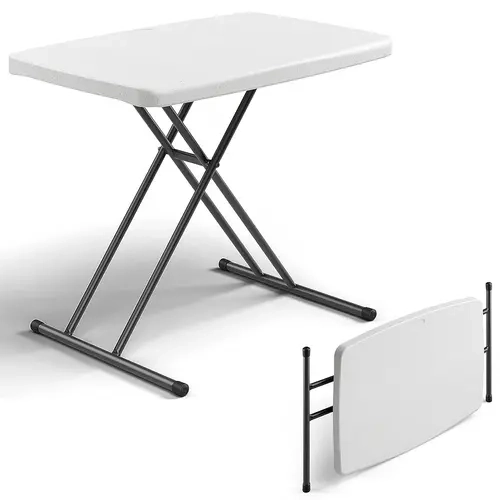 Folding Table 30 Inch - Small Desk Adjustable Height TV Tray for Laptop, Couch, Camping - Heavy Duty Utility Foldable Table for Small Spaces, No Assembly Required, White Granite
