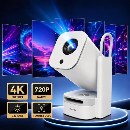 QAWTOR Portable Smart Movie Projector - Auto Focus, 4K Decoding, 330ANSI, WiFi 6, Bluetooth 5.0, Dual Screen Mirroring, Built-In Speaker, Compact Travel Wireless Home Projector for Movie Night & Home Cinema, Android