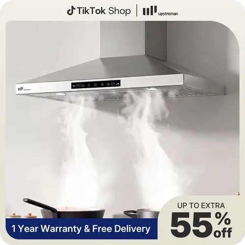 Upstreman 30-Inch Wall Mount Range Hood - 380 CFM (300 to 499 CFM Range), Gesture & Touch Control, 3-Speed Matte Black Vent Hood, 15-Min Auto Shut-Off, 5W Ultra-Bright LED Lights, Ducted/Ductless Convertible, Durable Design, Easy Maintenance, Model HC30,,