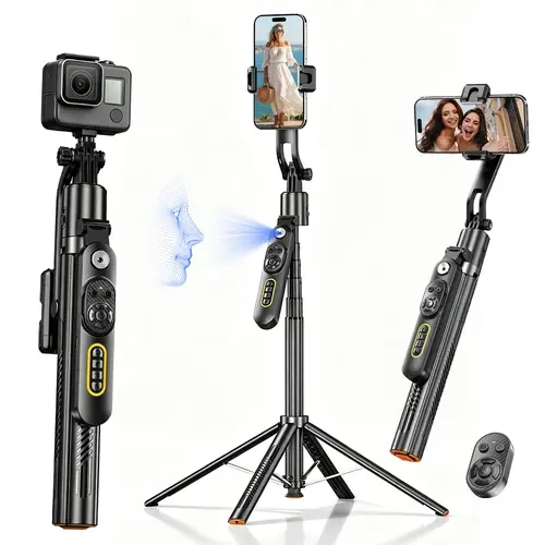 Qawtor 70.9in Portable Bluetooth Selfie Stick Tripod with Ring Light, Remote, Adjustable Mount - No-App 360° Rotating Face-Tracking Accessory for iOS & Android, Most Phones; Vlogging, Live Streaming