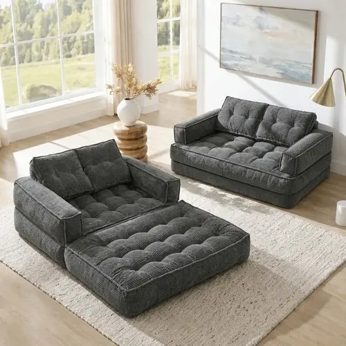 Niccae 51.18-Inch 2-Seater Modular Corduroy Upholstered Convertible Indoor Sofa - Deep Chaise Lounge, Dark Gray 2-in-1 Boneless Floor Sofa with Armrest for Living Room, Apartment (Sub 1 Packages), Sohochic, Convertible Indoor Sofas, Deep Chaise Sofa