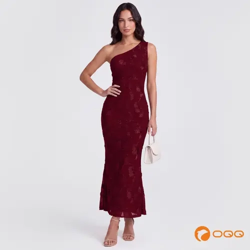 OQQ Women's Asymmetric Neck Sleeveless Style Slim-Fit Double-Layer Floral Mesh Midi Pull-On Gown - Poly-Spandex Wedding Outfits Formal Wear for Wedding Guests