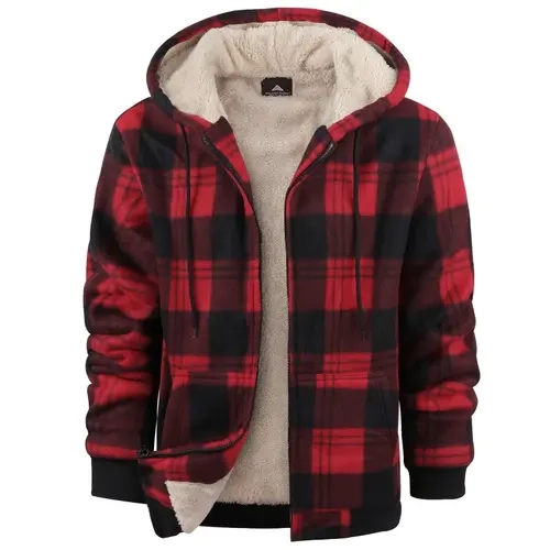 ZITY Men's Plus-Size Casual Long-Sleeve Tartan Pattern Fleece Jacket - Full-Zipper, Wool-Lined, Hooded, Thick Warm Polyester Checked Coat for Cold Weather, Kangaroo Pockets, Ribbed Hem, Men's Clothing Sweatshirts