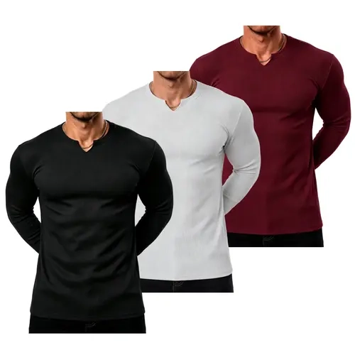 STREVATE Men Ribbed Split Notch Neck Long Sleeve Henley Shirt, High Stretch Wrinkle Resistant Muscle Fit Athletic Layering Top