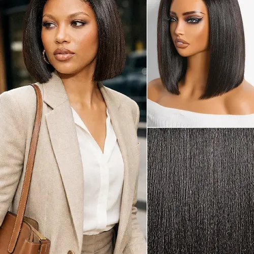 【LIVE】200% Density Natrual Black Yaki Straight Bob Glueless Minimalist Lace Wig Pre-cut Lace All-Day Comfort Cap