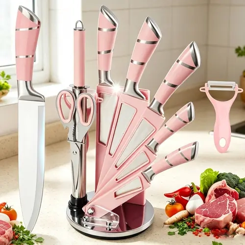 【Toolupgrade】9pcs High Carbon Stainless Steel Thin Blade Set Kitchen Knives - Professional Chef, Bread, Cleaver, Paring, Utility Knives with Solid Hollow Sturdy Handles, Block, Scissors, Sharpener, Peeler - Ultra Sharp Edge, Non-Stick, Multifunctional