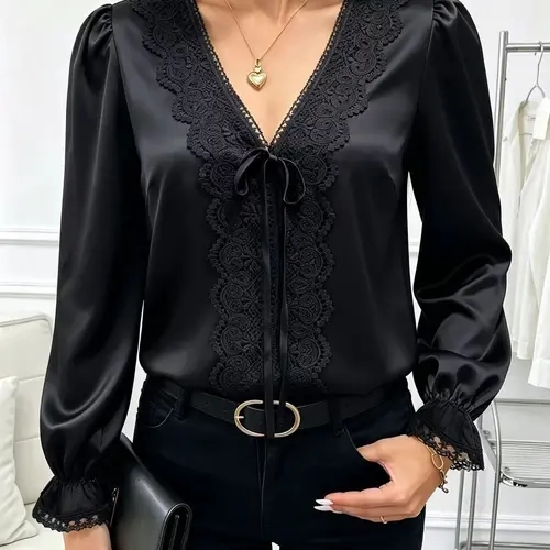 Women Elegant V‑neck Puff Long Sleeve Blouse With Delicate Lace Trimming on Neckline and Cuffs, Front Bow Tie Decoration, Ruffled Cuff Design, Fashion Slim‑fit Tops for Commute, Date, Shopping and Daily Casual Occasions, Chic Tops