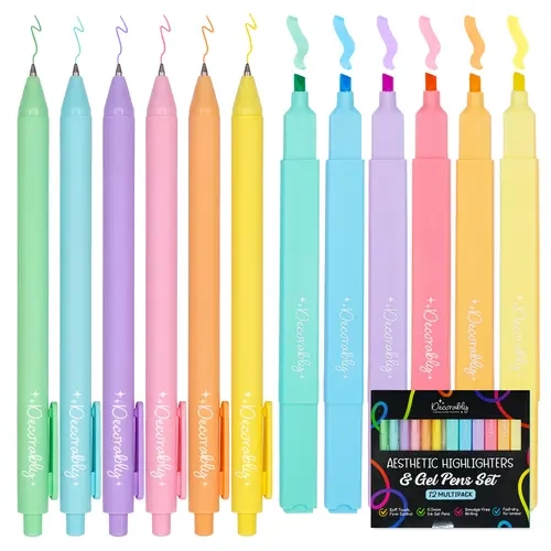 Decorably 12 Pack Bible Aesthetic Highlighters and Pens Set, No Bleed Aesthetic Pens and Highlighters Set, Chisel Tip 5mm & 1mm Lines, Quick-Dry Odorless Highlighter Ink, Retractable Gel Pens