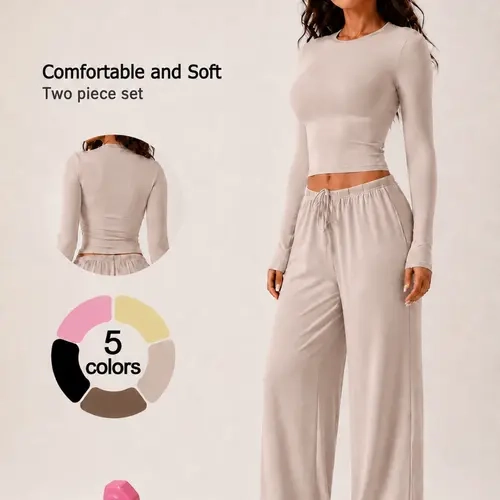 Women’s 2 Piece Lounge Set, Long Sleeve Crew Neck Top and Wide Leg Drawstring Pants with Pockets, Soft Stretch Slim Fit Casual Workout Outfit, Solid Color Fall Winter Activewear for Daily Wear, Travel and Going Out