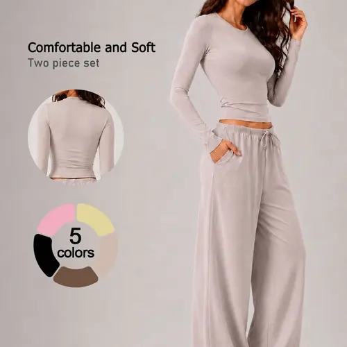 Women’s 2 Piece Lounge Workout Set, Minimalist Tracksuit, Solid Color Crew Neck Long Sleeve Top and Wide Leg Drawstring Pants, Soft Skin Friendly Stretch Yoga Outfit, Gym Travel Daily Casual Activewear