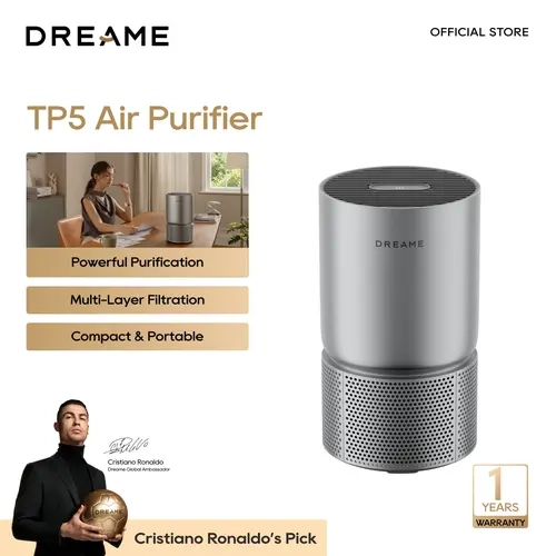 Dreame TP5 Compact Desktop Air Purifier - Household Appliance with 3-Stage Filtration, 360° Air Intake, Replaceable Filter, Compact Shape, Smoke/Odor Removal, Dust Mite Allergy Solution for Bedrooms/Dorms to Breathe Better & Support Respiratory Health