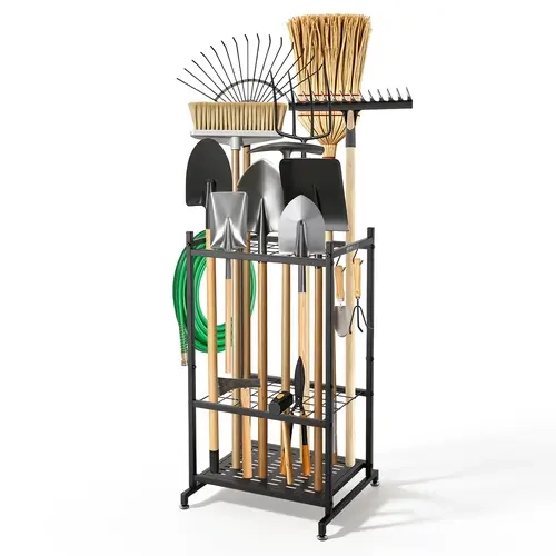 VEVOR Freestanding Garden Tool Organizer, 35-Slot Heavy-Duty Steel Unit with Hooks, Durable Tool Racks & Bars, Upgrade for Rakes Shovels Brooms, Yard Utility Holder for Shed Outdoor Lawn, Tool Upgrade