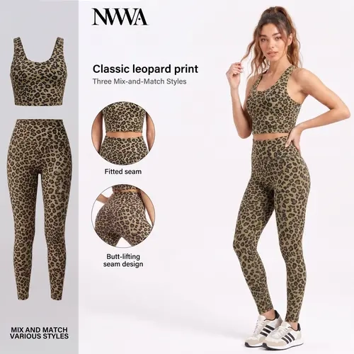 NVWA Women's Leopard Print Athleisure Wear 2-Piece Workout Set - Sold as Individual Pieces, Nylon Blend, Machine Washable - Padded Sports Bra, High-Waisted Leggings, Gym Workout Apparel, Animal Print Women's Sportswear Set for Yoga, Fitness
