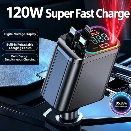 Nuokaiqi Premium Metal Body Retractable Plug-In Car Charger, Car Accessories with Starry Atmosphere RGB LED Light, 180° Rotating Dual Cable, PD30W Power Fast Charge Adapter, Voltage Monitor for iPhone, Samsung (On-the-Go Use)