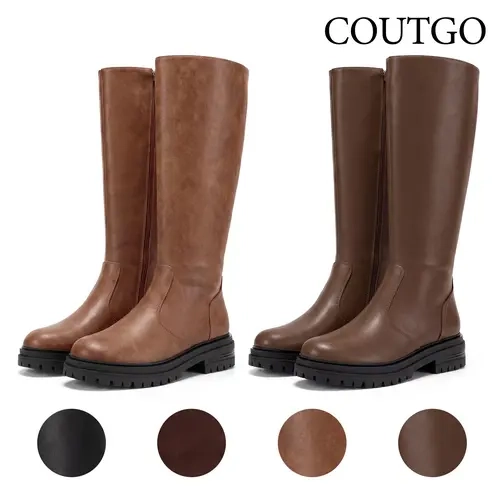 Coutgo Women's Minimalist Plain Knee High Riding Boots - 1.8-in Low Block Heel, Rubber Lug Platform Sole, Round Toe, Side Zipper, Dressy Casual Fall Winter Footwear, Rubber Upper Shoes for Women