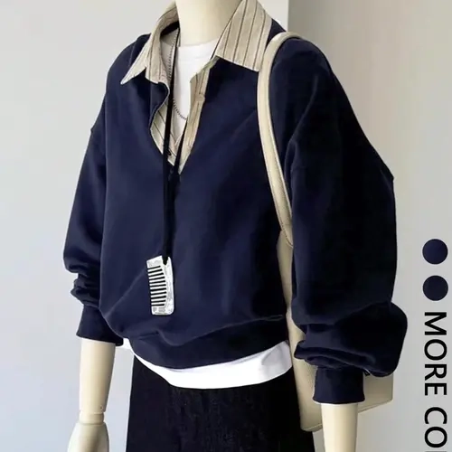 Women's Striped Shirt Collar Long Sleeve Sweatshirt, Casual Fashion Top, Comfortable and Stylish, Perfect for Daily Wear, Casual Sweatshirts