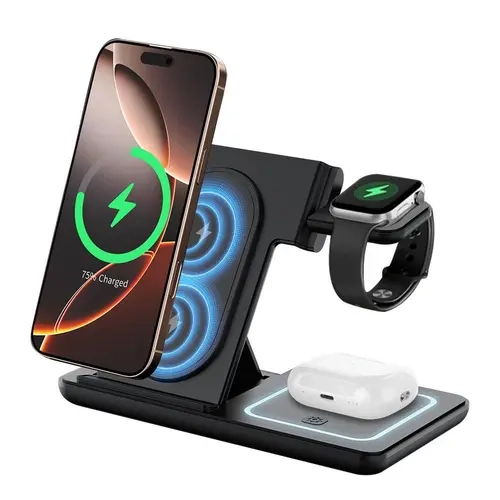 3-in-1 Folding Portable Cellphone Charger Stand, Wireless Charger for iPhone, Smartphone, Smart Watches, AirPods 3/2/Pro & Android Devices