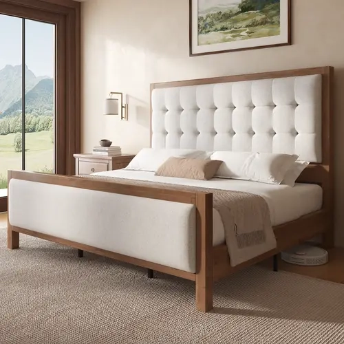 AMERLIFE Solid Wood Bed Frame 50" Tall Headboard&Footboard, Linen Upholstered Headboard, Mid-Century Modern Style, Noise-Free Sleep, No Box Spring Needed, Easy Assembly 45mins[TikTokShopFallDealsForYou]