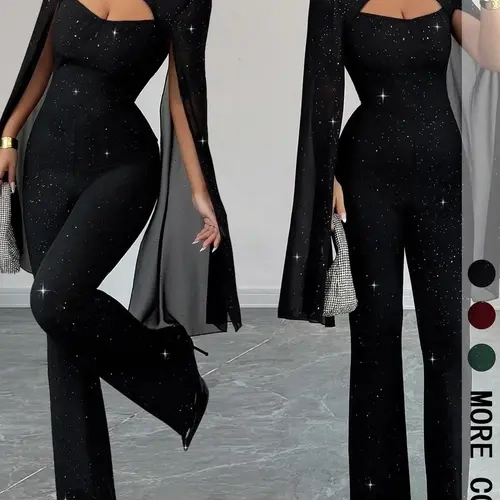 Women's Fitted Mock Neck Cape Sleeve Jumpsuit, Slimming Sexy Design, Perfect for Dates Parties, Fall & Winter Elegant Solid Color