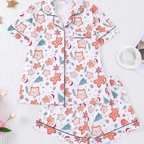 Women's Christmas Pajama Set, Cute Gingerbread Man Snowflake Print, Fitted Short Sleeve Top & Loose Shorts, Casual All-Season Sleepwear, Lounge Wear Set