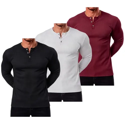 STREVATE Men Ribbed Knit Button Henley Long Sleeve Shirt, High Stretch Wrinkle Resistant Muscle Fit Athletic Layering Top