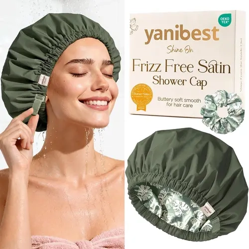 Yanibest Women's Large Size Adjustable Satin-Lined Polyester Waterproof Reusable Shower Cap with Adjustable Scrunchie, Bathroom Hair Care Accessory for Frizz-Free Hair Protection & Makeup Cleaning
