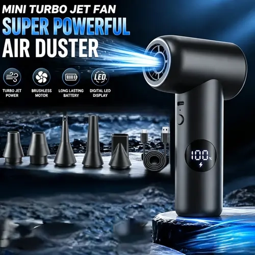 Cordless Electric Air Duster Blower, Compact High-Speed 150000RPM Mini Blower with 29mm Brushless Motor, Digital LED Display & Cleaning Tools for Car Interior Care, PC Keyboard