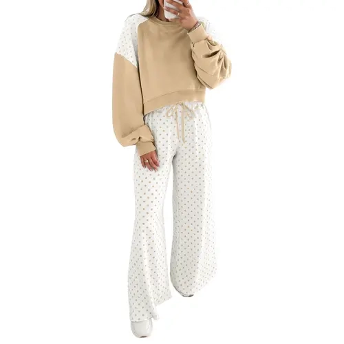Asvivid Women Polka Dot Colorblock Two Piece Pant Set Cropped Sweatshirt Long Sleeve Balloon Ribbed Cuff Soft High Waist Elastic Wide Leg Adjustable Drawstring Comfy Casual Daily Wear Suits Womenswear