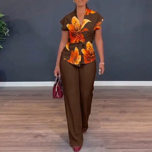 CHICME Women's Two Piece Outfit Vintage Floral Twist Front Top and Straight Leg Pants Set