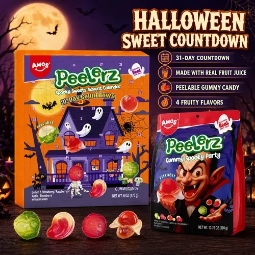 AMOS Peelerz Halloween Gummy Candy Gift Set, 31-Day Advent Calendar & Spooky Party Bag, Peelable Candy, 4 Fruity Flavors, 19.76 oz (560g)