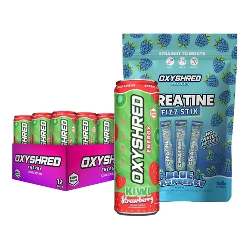EHPlabs OxyShred Energy Drink 12-Pack + Creatine Fizz Stix Fitness & Performance Bundle, 0 Sugar, 5g Creatine, Caffeine Blend, Kiwi-Flavored, Chill Storage, Zero Sugar