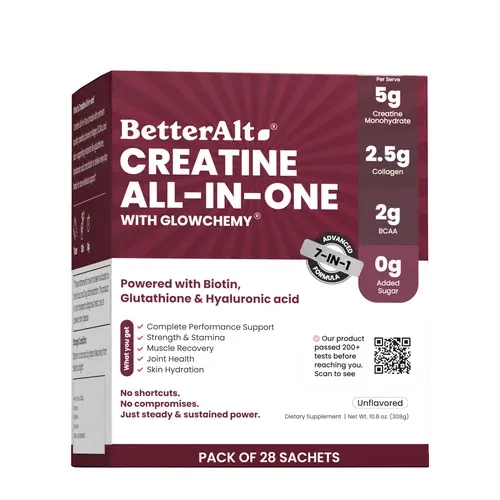 BetterAlt's Unflavoured Creatine All-in-One with Glowchemy | Lab-Tested | Helps Support Strength, Recovery & Skin Health | 7-in-1 Formula | 28 Sachets