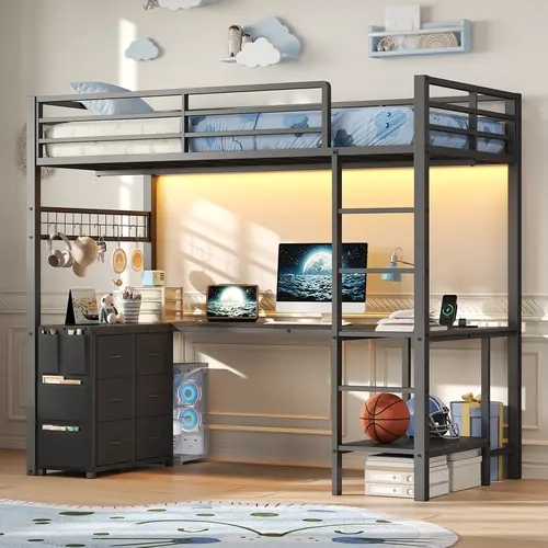 FUSOU Twin Size Loft Bed with Desk, LED Lights and Charging Station, Loft Bed Twin Size with 6 Storage Drawers & 2 Shelves, Loft Bed Frame with Safety Guardrail & Ladders, No Box Spring Needed, Black