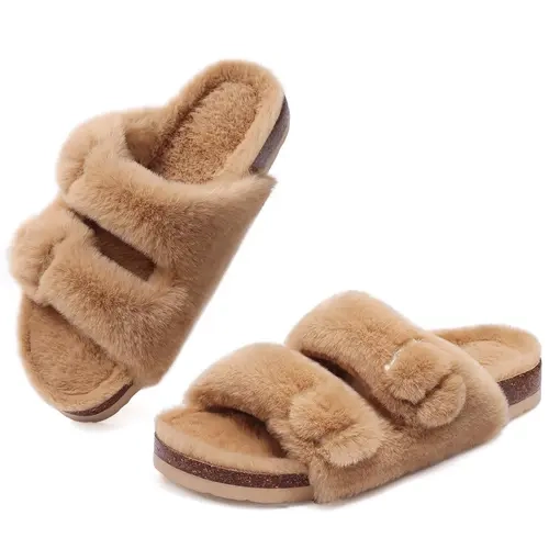 KIDMI Women's Round Toe Slide Slippers - Cute Fuzzy Ankle Slip-On, Warm Inner Lining, Cushioned Elegant Casual Bedroom Footwear for Cozy Home Comfort,Adjustable Buckles and Non-Slip Sole for Shopping Trips,Indoor