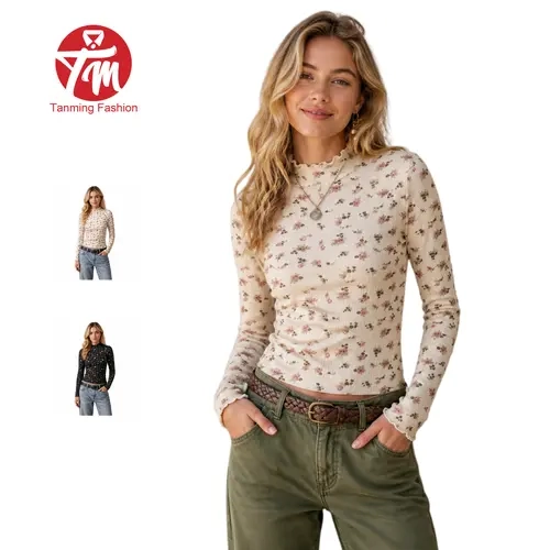Tanming Womens Floral Mock-Neck Top - Lettuce Trim Long Sleeve Layering Blouse - Slim Fit Ribbed Tee Shirt - Spring Fall Winter Daily Casual Commute Office Date Shopping Party Outdoor Travel Streetwear Outfits
