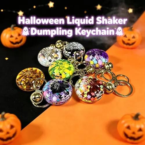 Halloween Bun Keychain Accessory - Cute Spooky Plastic Liquid-Floating Charm Key Ring with ASMR Bell, Sensory Fidget Item, Stocking Stuffer Ideas, Festive Party Favor, Bag Accessory for Purse Decoration