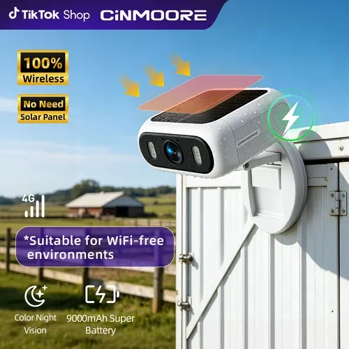 CINMOORE Smart Security Camera with Built-in Solar Power, Non-Subscription AI Human/Vehicle/Animal Detection, 9000mAh Battery, Wireless Magnetic 4G Camera for Home Security, 24/7 Recording, Weatherproof, Smart App Control, Outdoor Camera,Cellular Camera