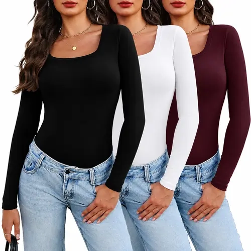 WIHOLL Women's Long Sleeve Thermal Shirts - Light Fleece Square Neck Tops, Slim Fit Solid Ribbed Basic Tees for Fall 2026 with Thermal Warmth