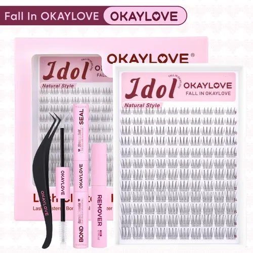 OKAYLOVE Idol Lash Cluster Cosmetic Kit - D Curl Wispy, Lightweight Natural, Accessories Kit False Eyelashes & Adhesives, Home Makeup DIY, Gift Box Set False Eyelashes & Adhesives for Girls (Back to School)