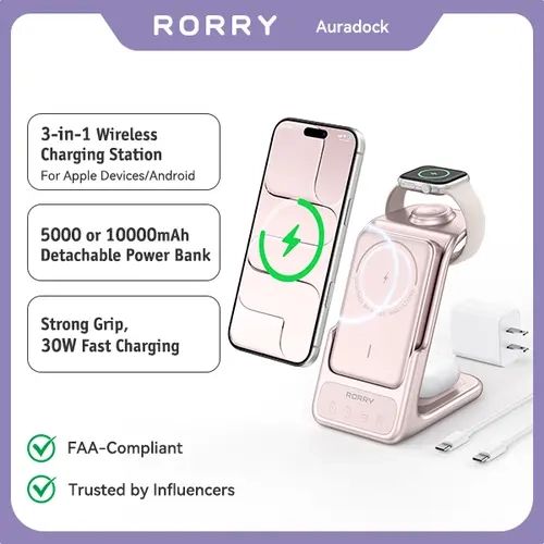 RORRY Aurodock 3-in-1 Magnetic Charging Station with 10000mAh Detachable Power Bank, 30W PD Magsafe Charger for iPhone, Apple Watch, AirPods, Portable Charger, Phone Accessories techvibes