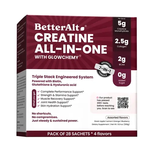 BetterAlt Creatine All-in-One with Glowchemy Assorted Pack | Lab-Tested | Helps Support Strength, Recovery & Skin Health | 7-in-1 Formula | 28 Servings