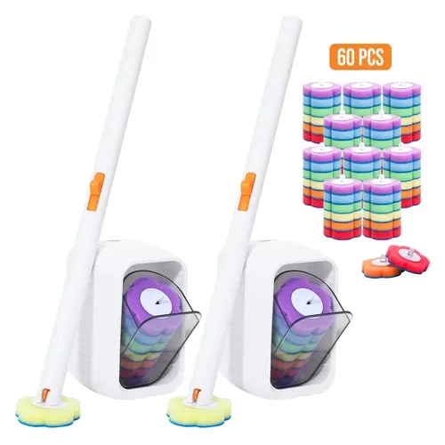 CLEALOM Disposable Toilet Brush Cleaning System, Two Sets of Wands and 60PCS Refills Pads Replacement Heads（Six Colors））, Wall Mounted Toliet Stick Wand Starter Kit Bathroom Maintenance, Toilet Bowl Cleaner Holder