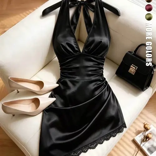 Sexy Deep V-Neck Halter Dress, Ruched Waist Lace Trim Bodycon Mini Dress, Elegant Formal Party Evening Wear