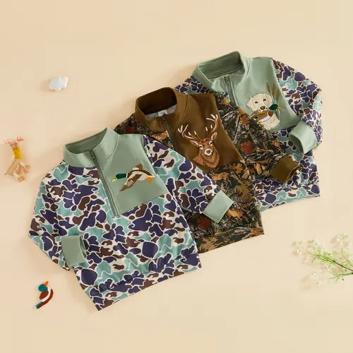 REDWOON Toddler Baby Little Boy Hunting Camo Quarter Zip Sweatshirt Duck/Deer/Dog Embroidery Wildlife Pullover Tops Fall Winter Clothes 1-6 Years