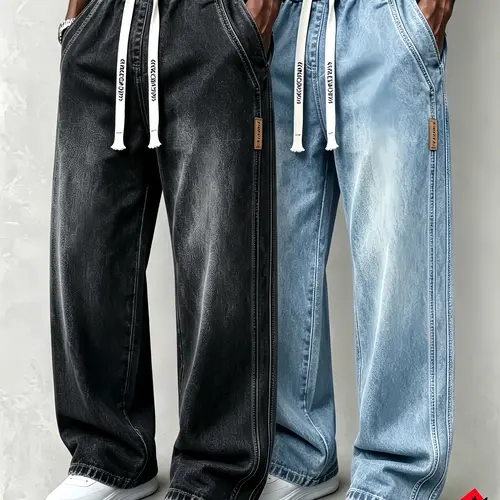 2 pack Men’s jeans made from stretchy cotton—straight leg jeans comfortable and stylish. Loose fit for everyday wear; long pants with a drawstring elastic waistband design for men.