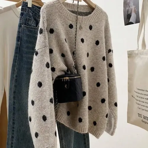 Women's Thick Round Neck Polka Dot Knit Sweater, Fall Winter Loose Sweet Casual Top, Elegant Comfortable Fashion Warm Pullover Knitwear